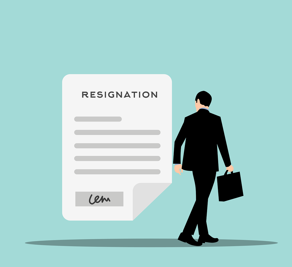 A cartoon graphic of a man in a black business suit with a black briefcase walking away. A cartoon graphic of a piece of paper with the title Resignation.