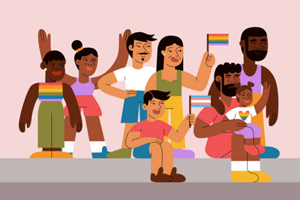 A cartoon image of people varying in age and race holding support flags for transgender.
