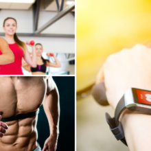 Women working out in a gym class, midsection image of a well it male running without a shirt on and a wrist/hand holding a bike handle bar wearing a smart watch