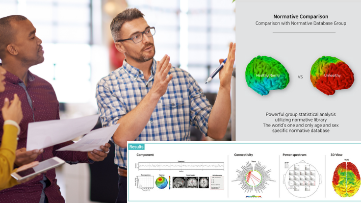 Introduction to QEEG Two males talking with images of brain maps