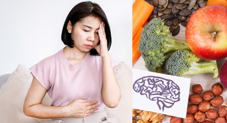Gut and Brain interaction Lady holding her head and stomach with a pained expression.